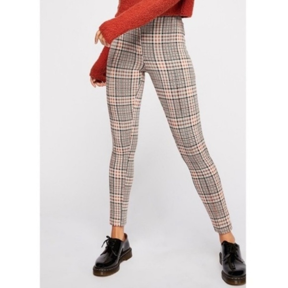 Free People Womens Orange & Tan Plaid Carnaby Casual Soft Skinny Trousers Sz.0